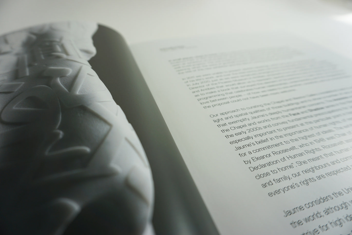 A close-up of an open book displaying a textured, sculptural design on one page, while the opposite page features printed text discussing themes of human rights and community, with a soft focus on the book's spine and pages.