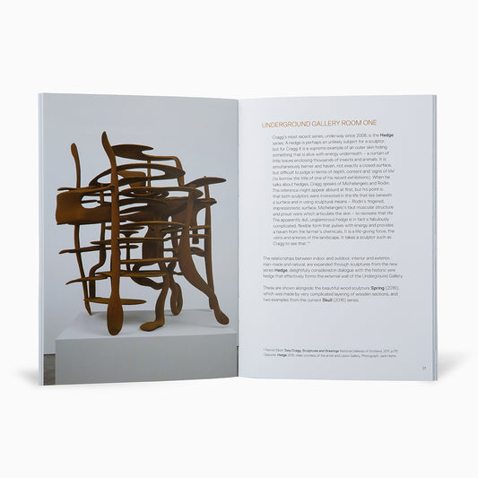 A book open to a page featuring a sculpture titled "Underground Gallery Room One." The sculpture, made of intertwined wooden forms, is displayed prominently alongside a descriptive text about the artwork and its context.