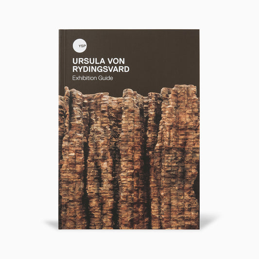 A brochure featuring the title "Ursula von Rydingsvard" prominently displayed at the top. Below, it mentions "Yorkshire Sculpture Park." The background resembles textured rock formations in earthy tones, creating a striking visual contrast.