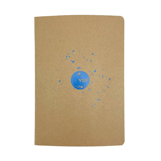 A portrait rectangular brown soft back notebook featuring a blue YSP Logo in the middle.