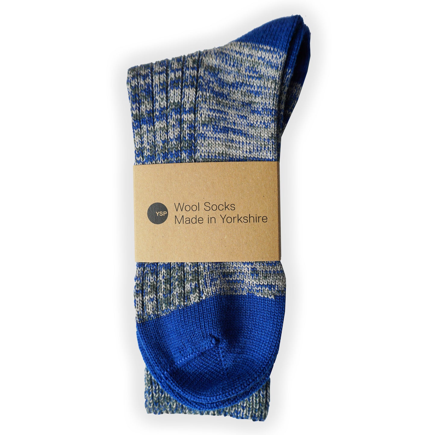 A pair of blue and grey marl wool socks with a brown cardboard belly band featuring the YSP logo.