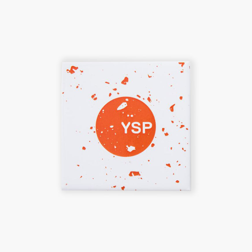 A white square fridge magnets featuring a central orange circle with the letters "YSP" in white.