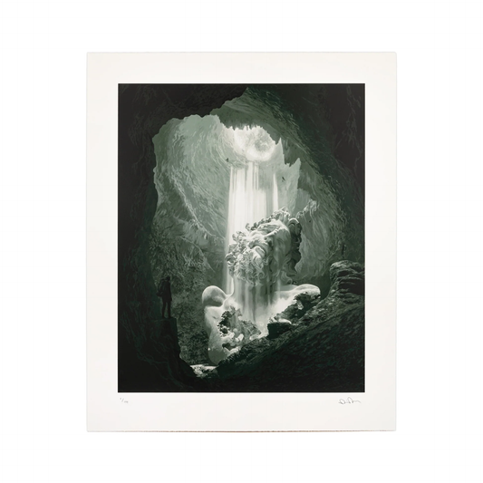 A dramatic black-and-white illustration of a waterfall cascading down a rocky cavern. A small figure stands at the edge, gazing at the majestic scene, surrounded by intricate rock formations and mist rising from the water.