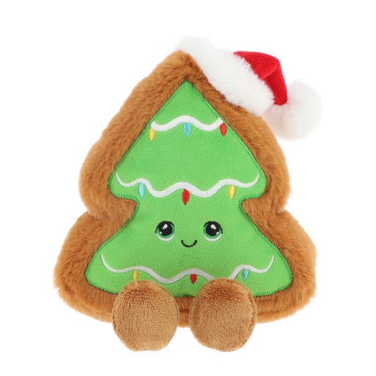 A Christmas tree-shaped plush toy with a brown fuzzy body, a green front panel decorated with embroidered lights and a smiling face, and a red Santa hat with white trim on top, shown on a plain white background.