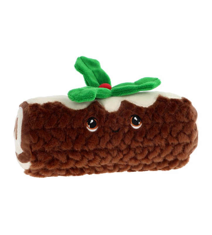 A plush toy shaped like a Christmas yule log, with brown textured sides, white top, and green leafy decoration on top, shown on a plain white background.
