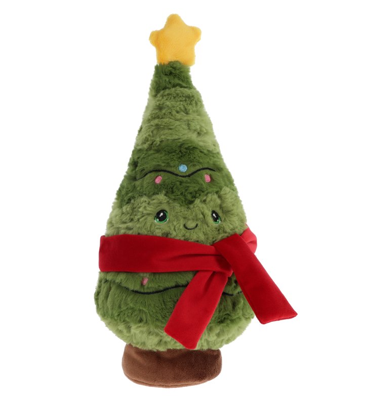 Plush Christmas tree toy with a red scarf and star on a white background