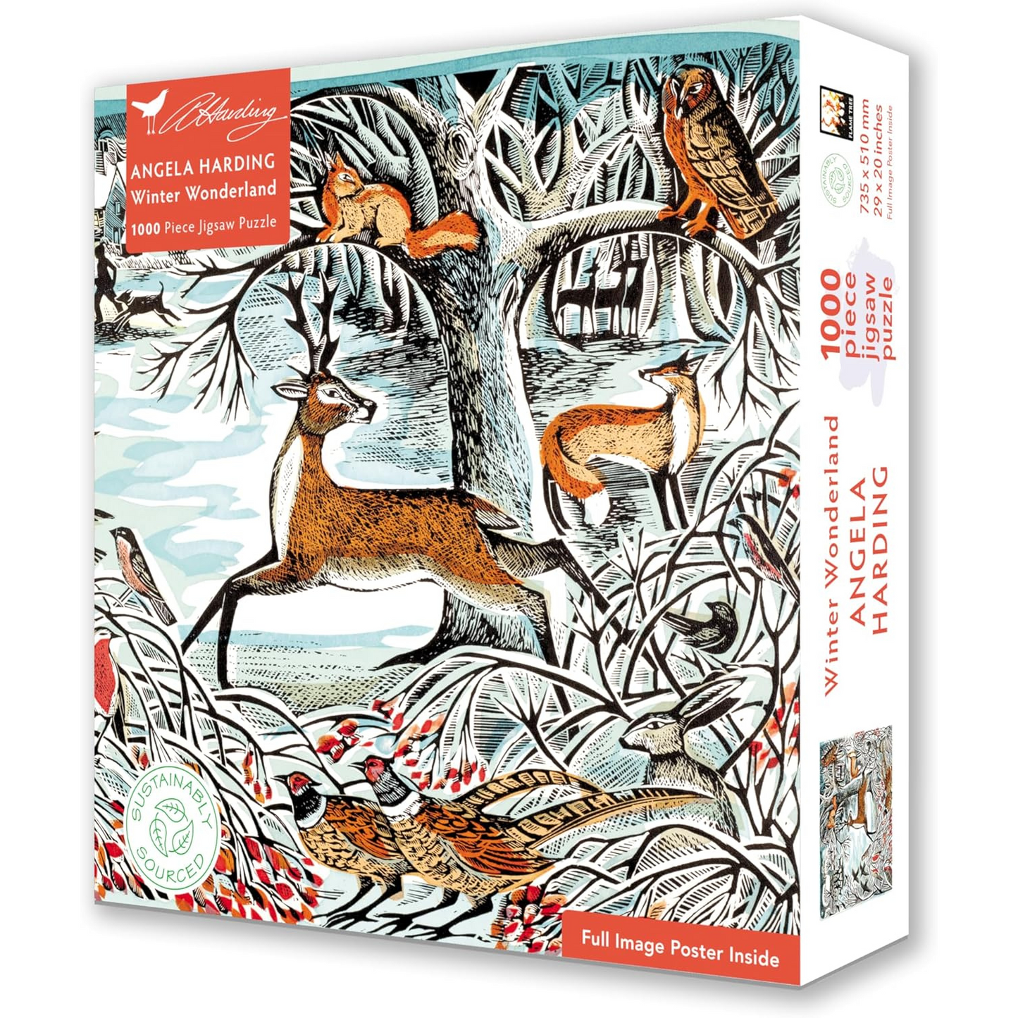 Packaging for Angela Harding Winter Wonderland 1000-piece jigsaw puzzle featuring a winter scene with deer, foxes, and birds in a woodland setting.