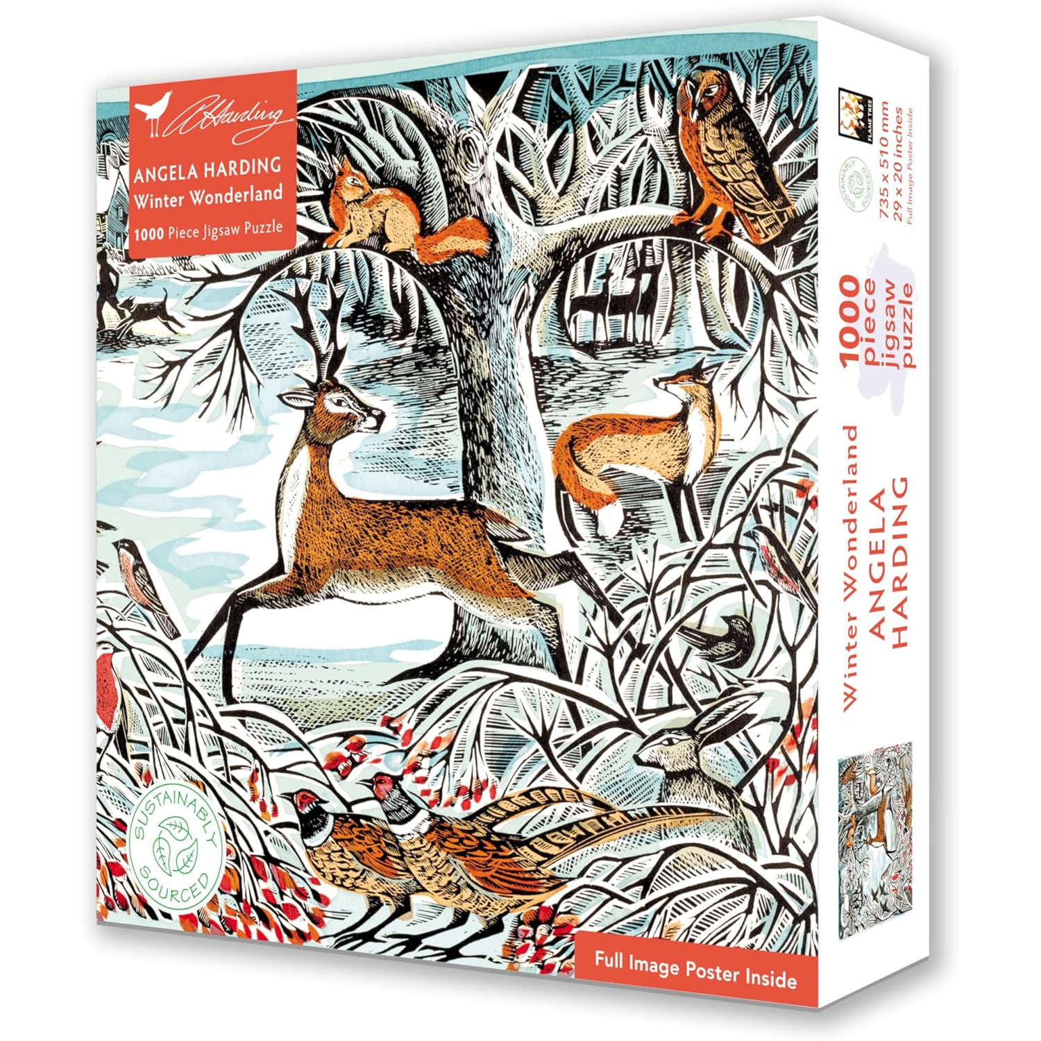 Packaging for Angela Harding Winter Wonderland 1000-piece jigsaw puzzle featuring a winter scene with deer, foxes, and birds in a woodland setting.
