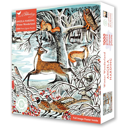 Packaging for Angela Harding Winter Wonderland 1000-piece jigsaw puzzle featuring a winter scene with deer, foxes, and birds in a woodland setting.