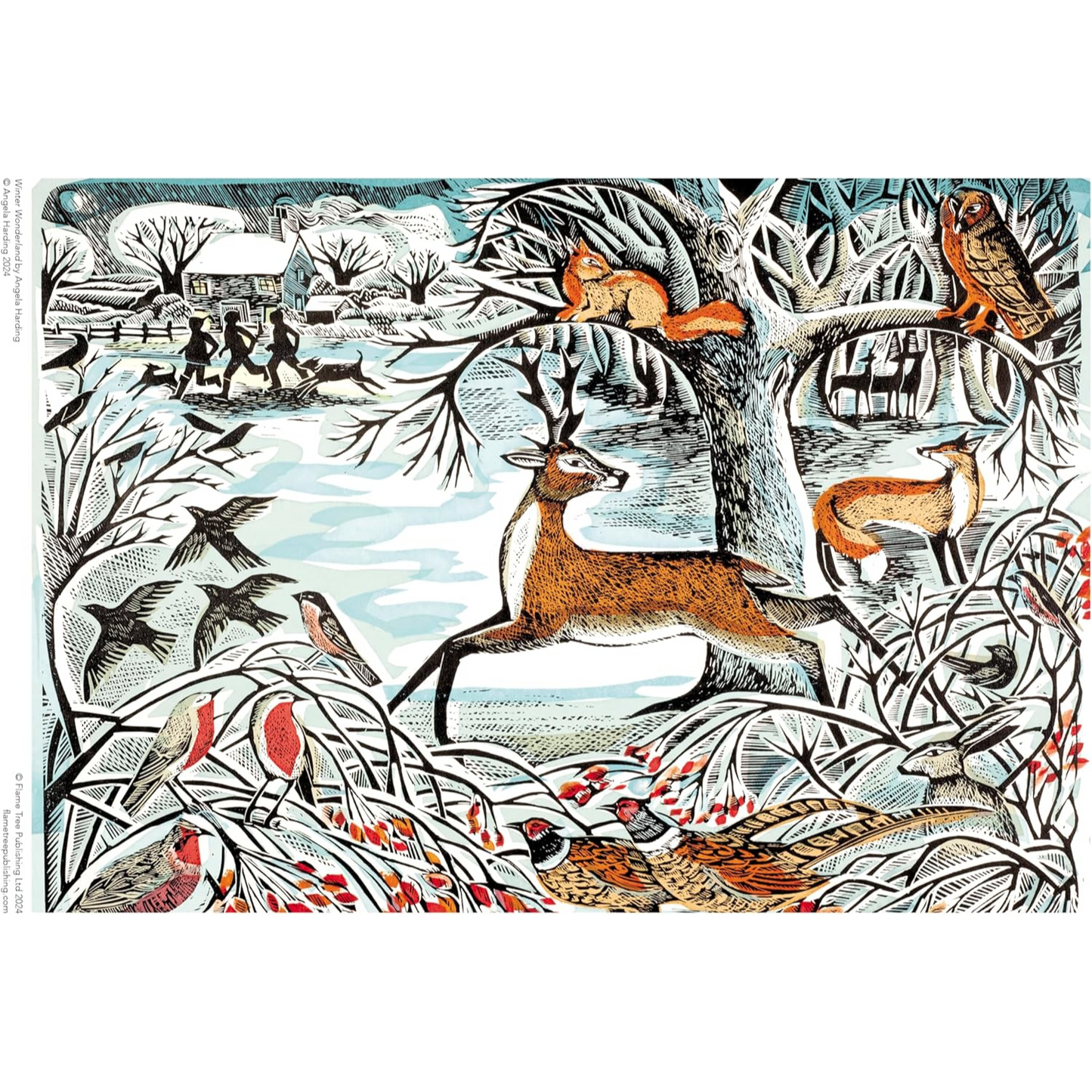 A complete image of the Winter Wonderland 1000-piece jigsaw puzzle featuring a winter scene with deer, foxes, and birds in a woodland setting.