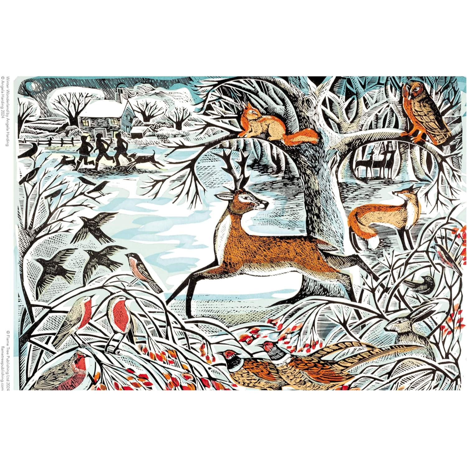 A complete image of the Winter Wonderland 1000-piece jigsaw puzzle featuring a winter scene with deer, foxes, and birds in a woodland setting.