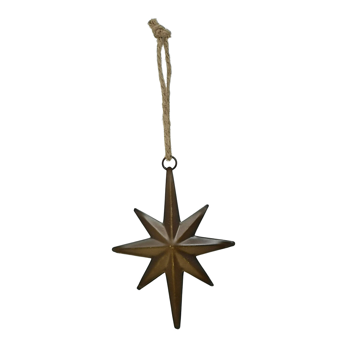 Decorative eight point star-shaped ornament hanging on a white background