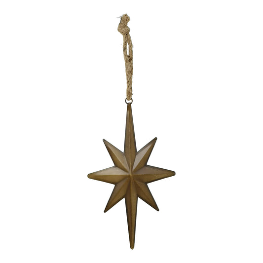 Decorative eight point star-shaped ornament hanging on a white background