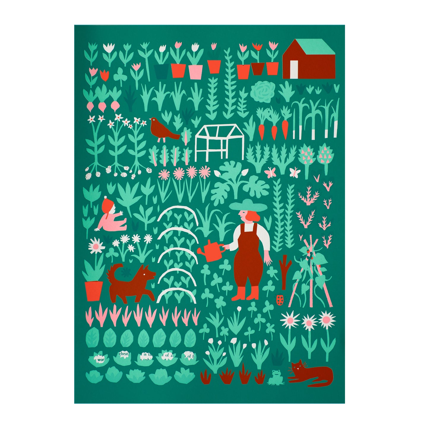 A vibrant illustration of a garden scene featuring a person watering plants, a dog, and various flowers and vegetables. There are pots, a greenhouse, and a small red house, all set against a rich green background, creating a lively, cheerful atmosphere.