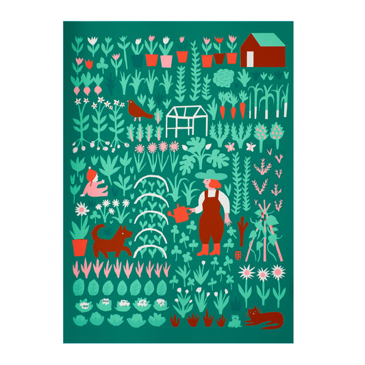 A vibrant illustration of a garden scene featuring a person watering plants, a dog, and various flowers and vegetables. There are pots, a greenhouse, and a small red house, all set against a rich green background, creating a lively, cheerful atmosphere.