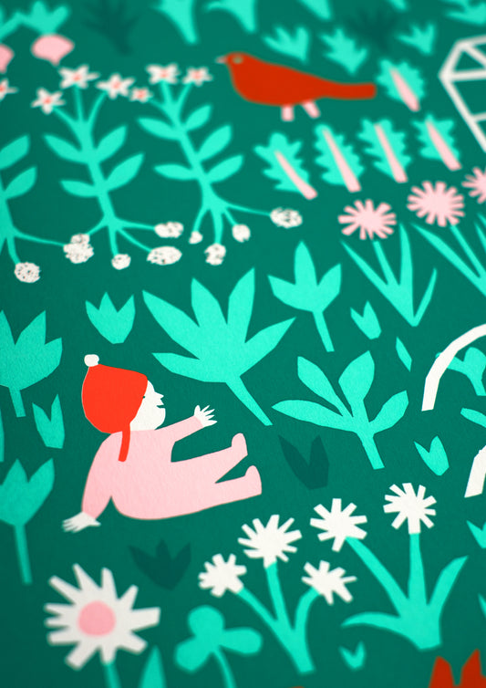 A vibrant illustration of a garden scene featuring a person watering plants, a dog, and various flowers and vegetables. There are pots, a greenhouse, and a small red house, all set against a rich green background, creating a lively, cheerful atmosphere.