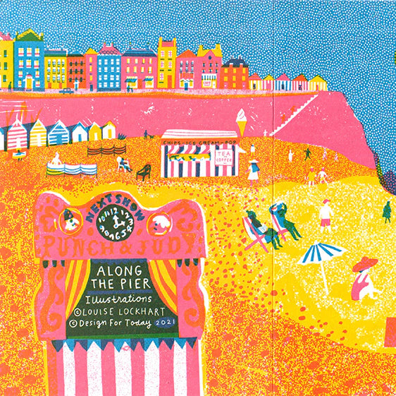 Colorful illustration of a seaside scene with people, animals, and buildings.