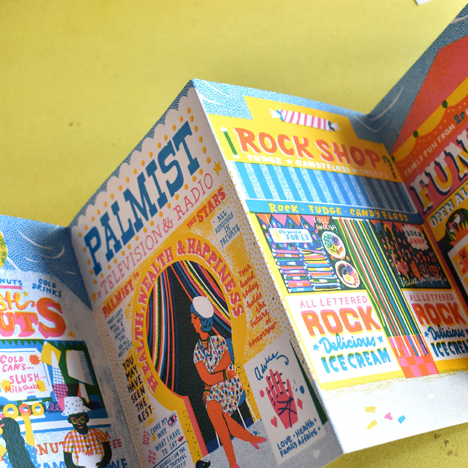 Open book with colorful illustrations and text on a yellow background