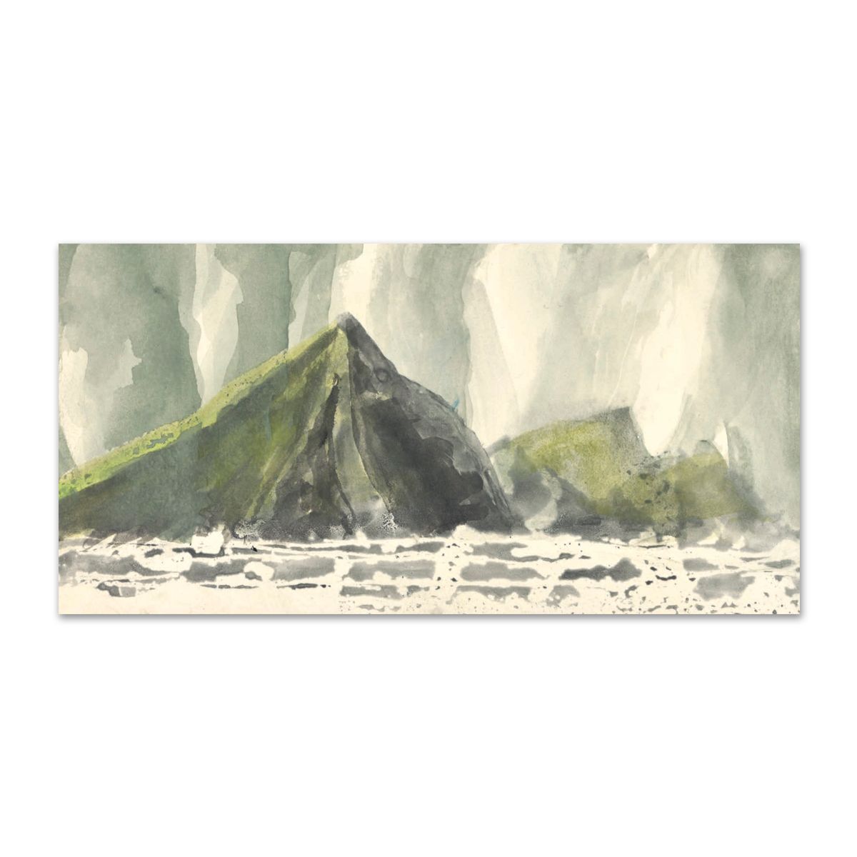 A serene watercolour landscape featuring soft grey mountains in the background, a gentle green hue suggesting foliage, and a calm, light blue waterline. The foreground is a blend of muted tones, creating a tranquil and atmospheric scene.