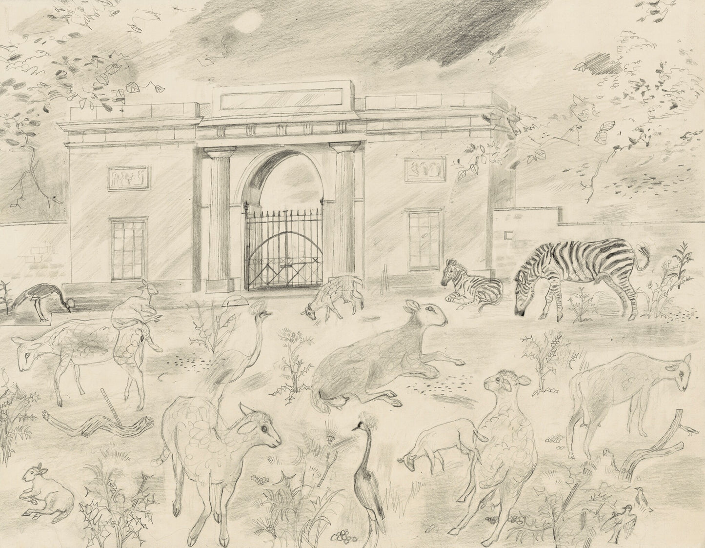 A pencil drawing depicting a grand archway with a gate, surrounded by various animals including zebras, deer, rabbits, and a heron. The scene is set in a natural landscape with plants and trees, under a moonlit sky.