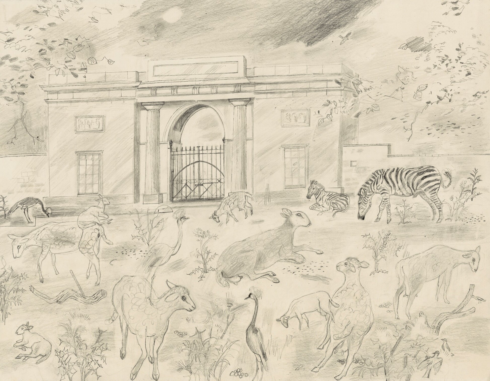 A pencil drawing depicting a grand archway with a gate, surrounded by various animals including zebras, deer, rabbits, and a heron. The scene is set in a natural landscape with plants and trees, under a moonlit sky.