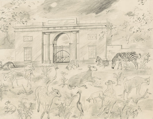 A pencil drawing depicting a grand archway with a gate, surrounded by various animals including zebras, deer, rabbits, and a heron. The scene is set in a natural landscape with plants and trees, under a moonlit sky.