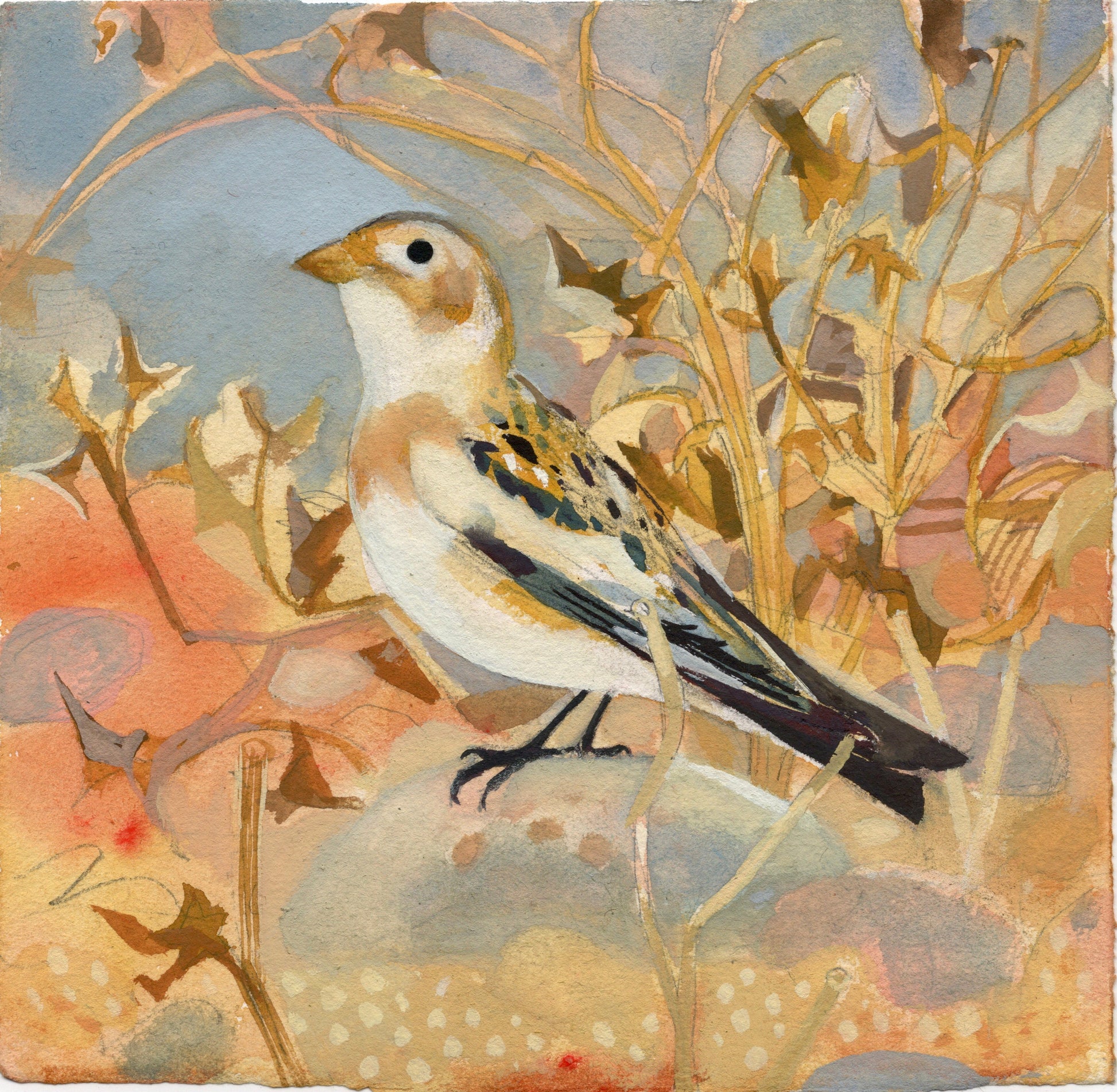 Artistic depiction of a garden bird perched on a branch with a textured background. The main colours are beige, brown and baby blue. The bird has a yellow beak and patterned body.