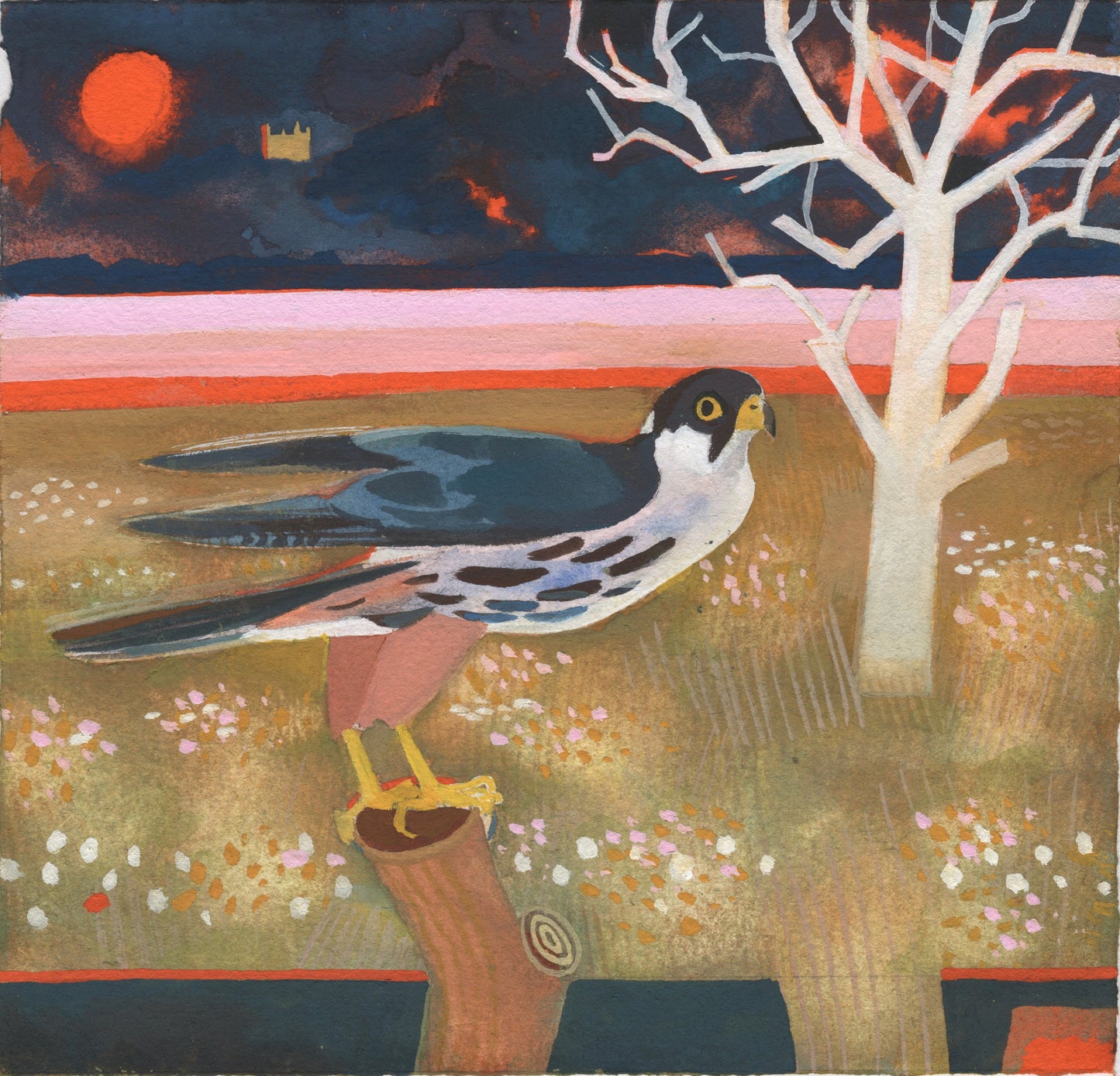 Artistic depiction of a falcon perched on a branch with a sunset and tree in the background.