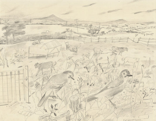 A pencil drawing depicting a rural landscape with cows grazing in a field, a wooden fence, and a distant hill. In the foreground, two birds perch on a branch amidst tall grass and plants, creating a serene, pastoral scene.