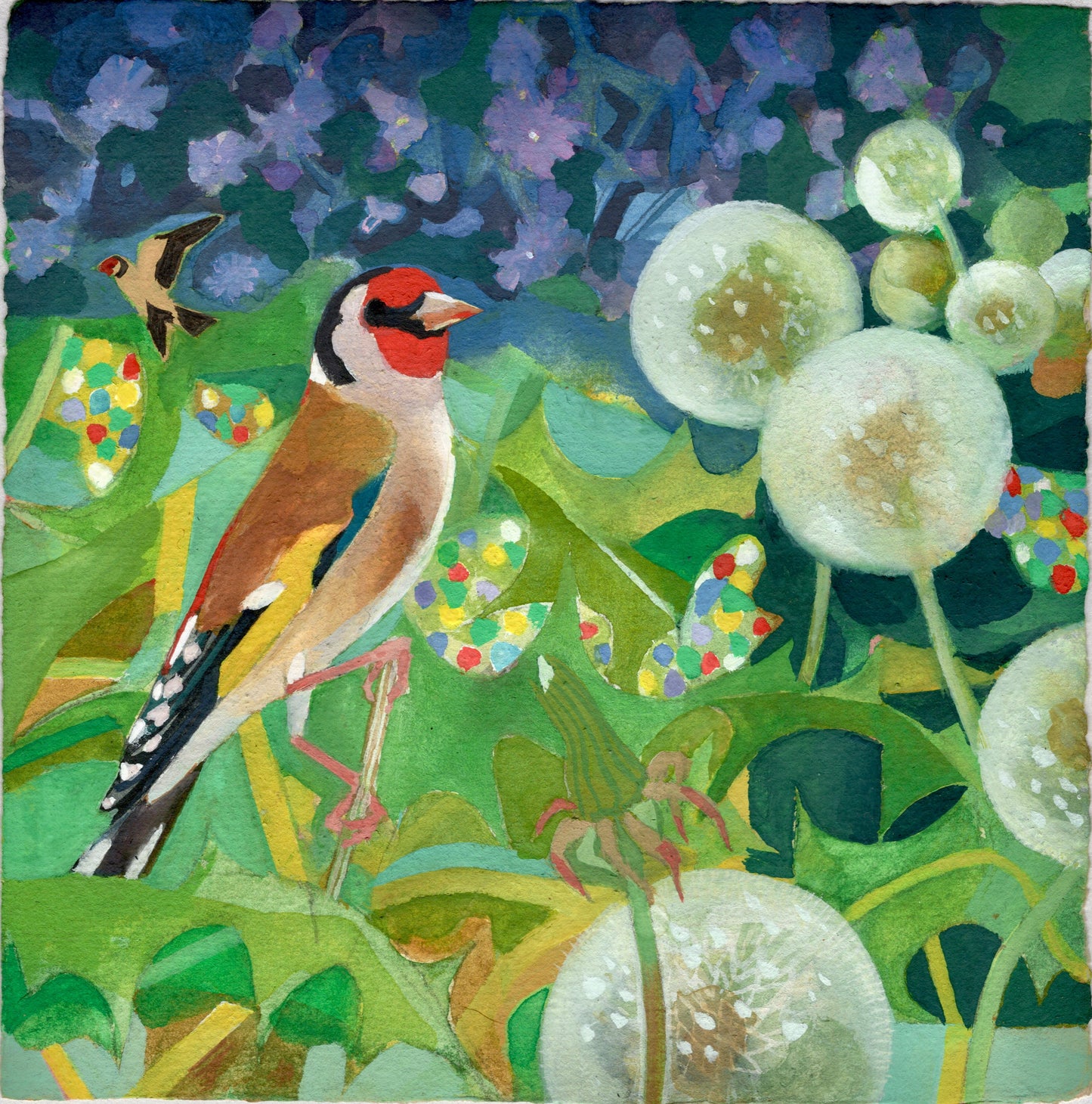 Colourful illustration of a bullfinch sat on a twig among flowers and dandelions with dark blue flowers at the top.