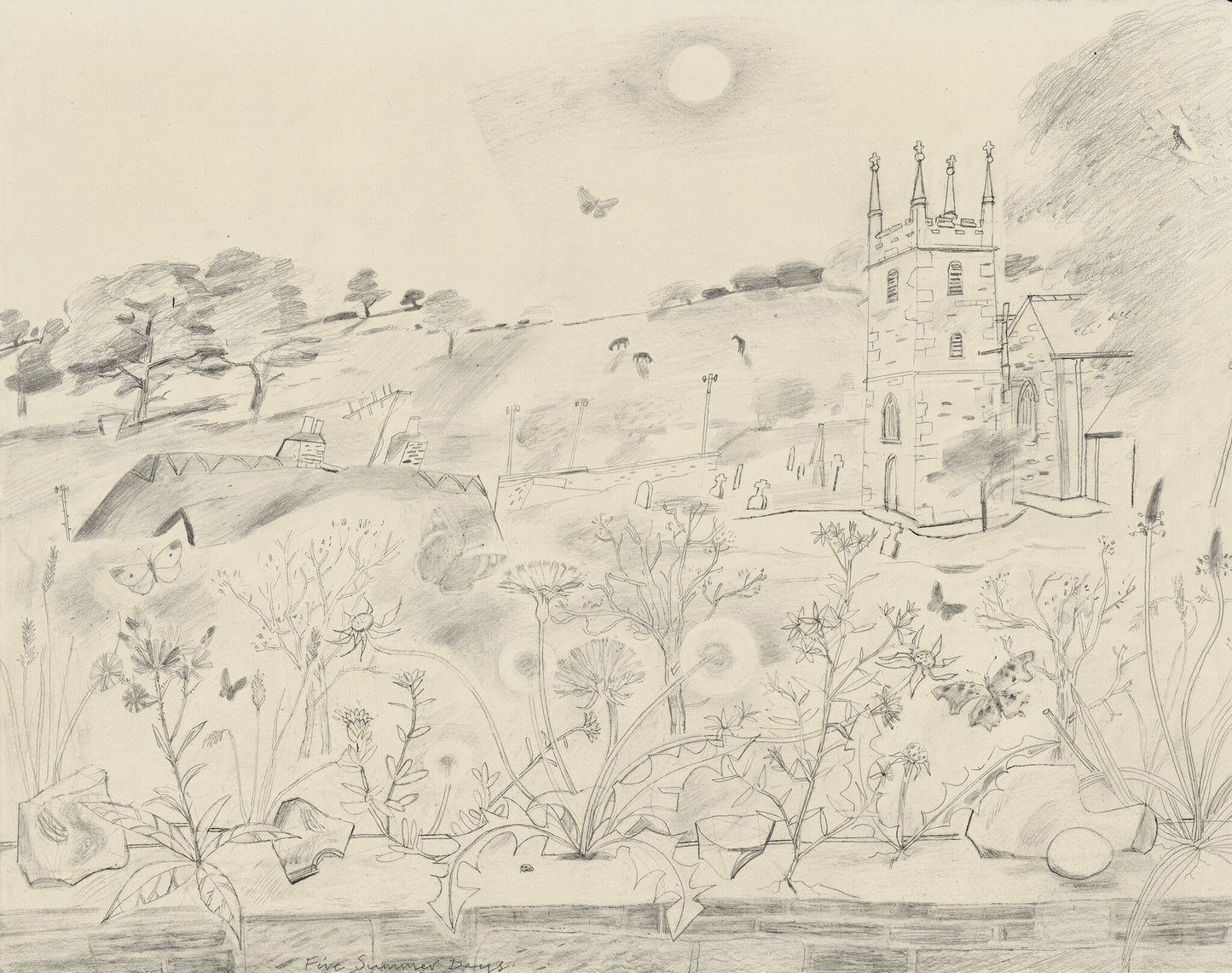 A pencil drawing depicting a rural landscape with a church tower, rolling hills, and scattered trees. Wildflowers and butterflies adorn the foreground, while a bright sun hangs in the sky, creating a serene and idyllic atmosphere.