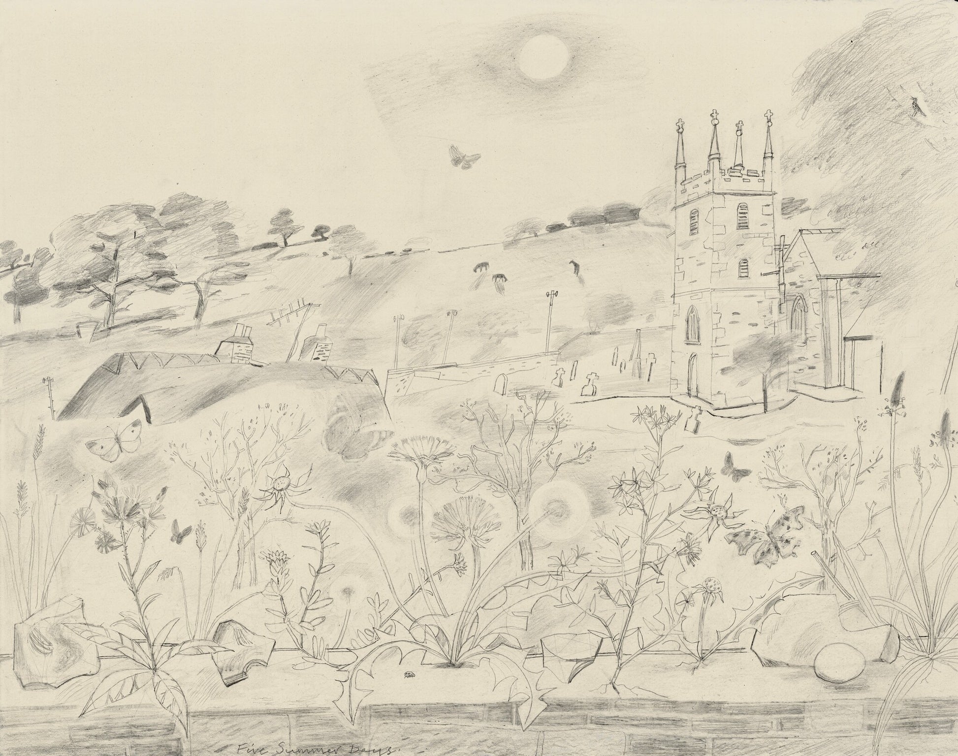 A pencil drawing depicting a rural landscape with a church tower, rolling hills, and scattered trees. Wildflowers and butterflies adorn the foreground, while a bright sun hangs in the sky, creating a serene and idyllic atmosphere.