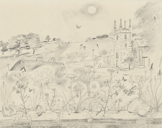 A pencil drawing depicting a rural landscape with a church tower, rolling hills, and scattered trees. Wildflowers and butterflies adorn the foreground, while a bright sun hangs in the sky, creating a serene and idyllic atmosphere.
