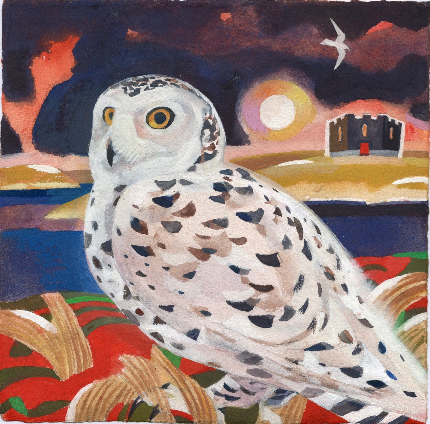 Painting of a snowy owl with a castle in the background and moon and moody sky. 