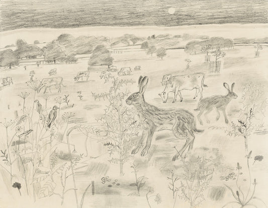 A pencil drawing depicting a rural landscape with grazing cows and two hares. The foreground features wildflowers and grasses, while the background shows a vast field under a twilight sky, with trees and a hint of a setting sun.