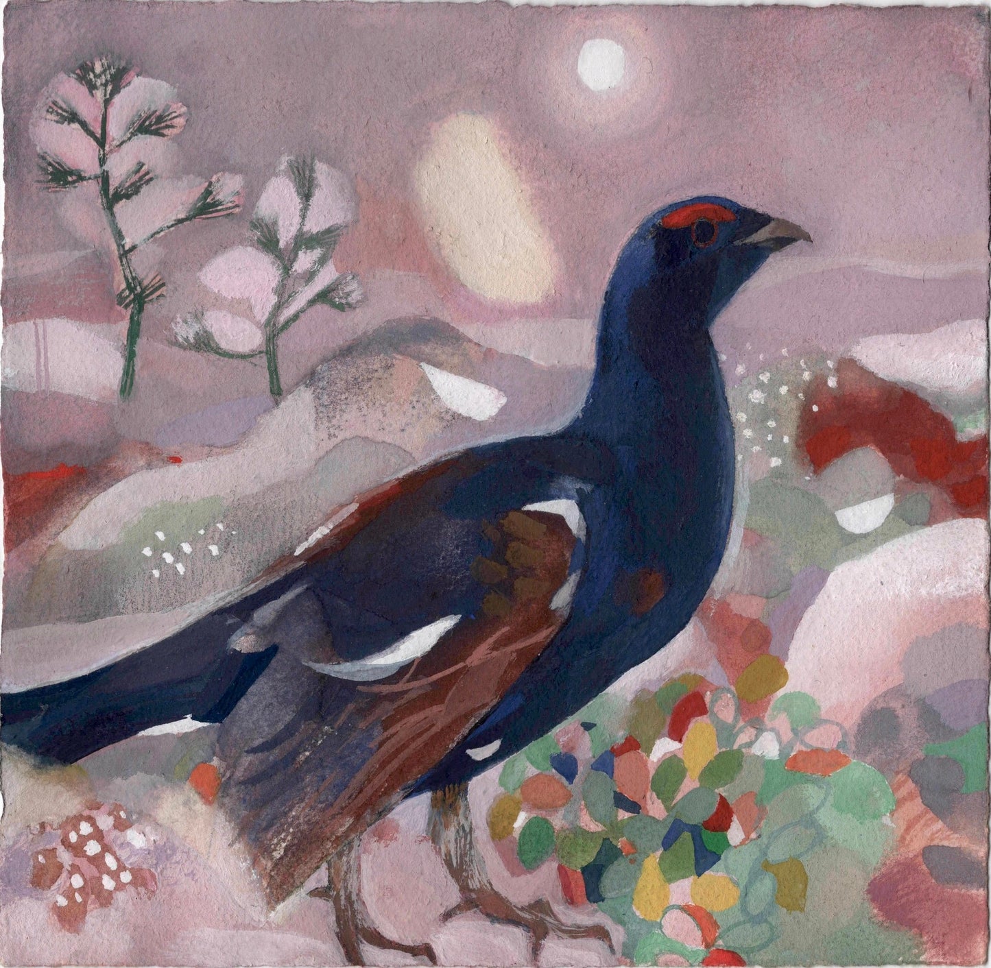 Painting of a grouse in a snowy landscape with colourful flowers. The background colours are muted shades of pink and beige whilst the grouse is a striking dark blue.