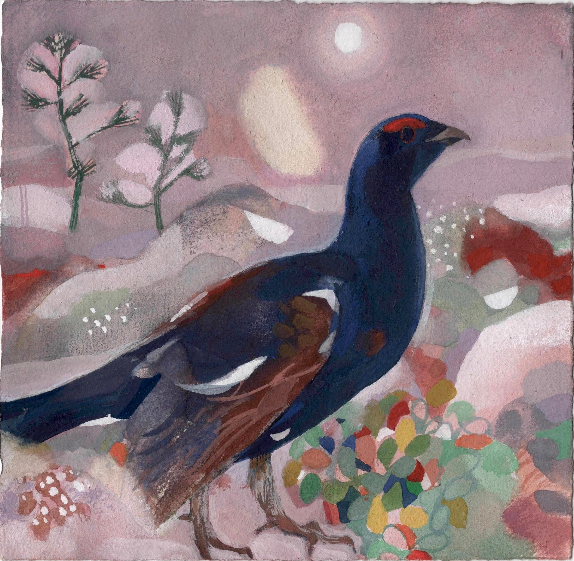 Painting of a grouse in a snowy landscape with colourful flowers. The background colours are muted shades of pink and beige whilst the grouse is a striking dark blue.