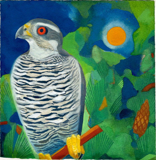 Colourful painting of a hawk sitting on a branch with a floral background, there is a bright orange sun in the sky. 