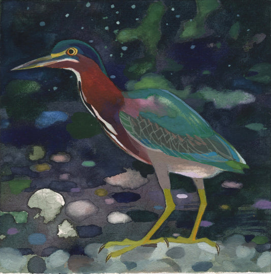 Painting of a heron standing on a rocky shore with a dark, starry night background.