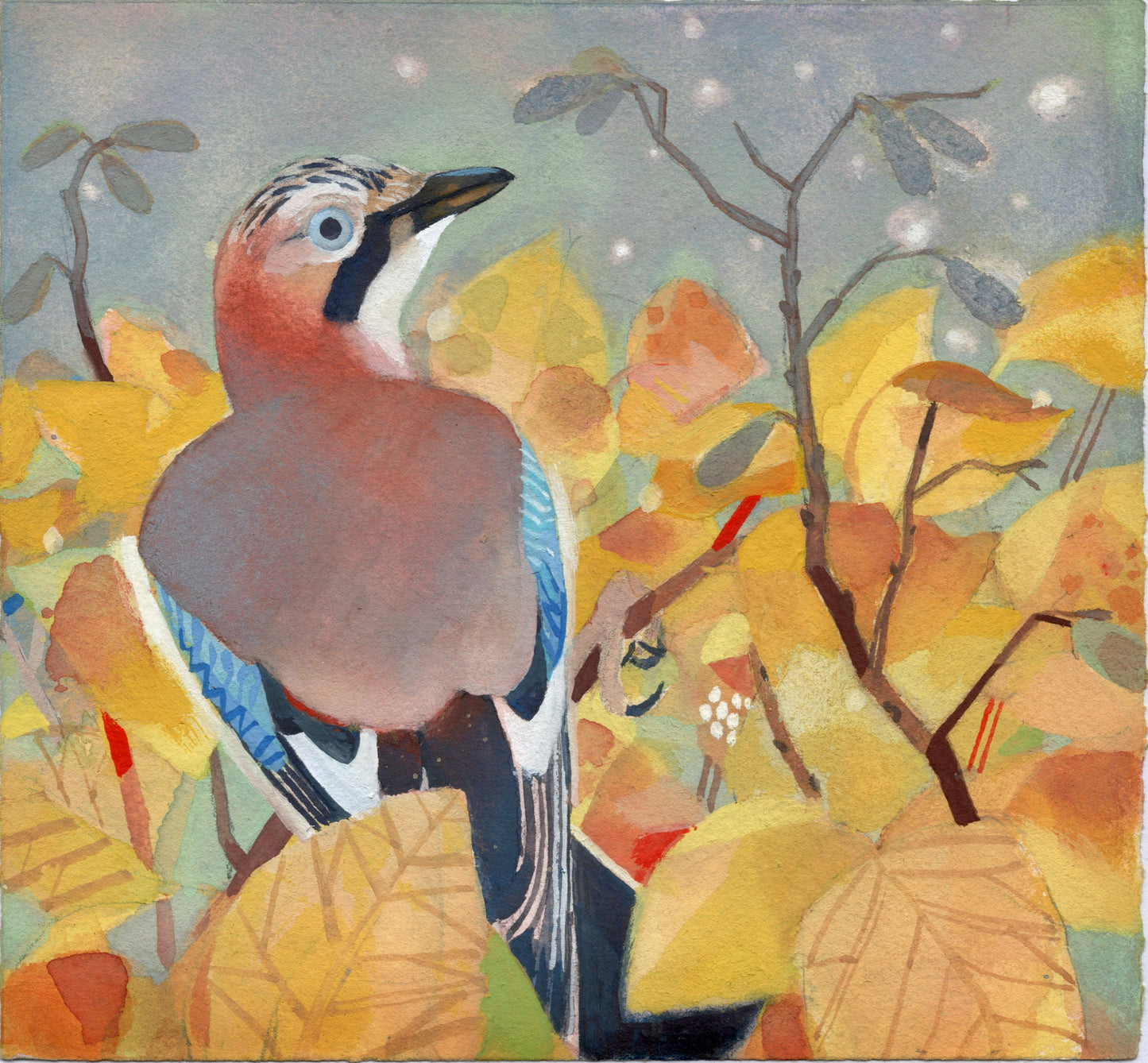 Painting of a jay perched among autumn leaves. The jay sits away from the viewer but has it's head turned back to look.