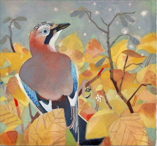 Painting of a jay perched among autumn leaves. The jay sits away from the viewer but has it's head turned back to look.