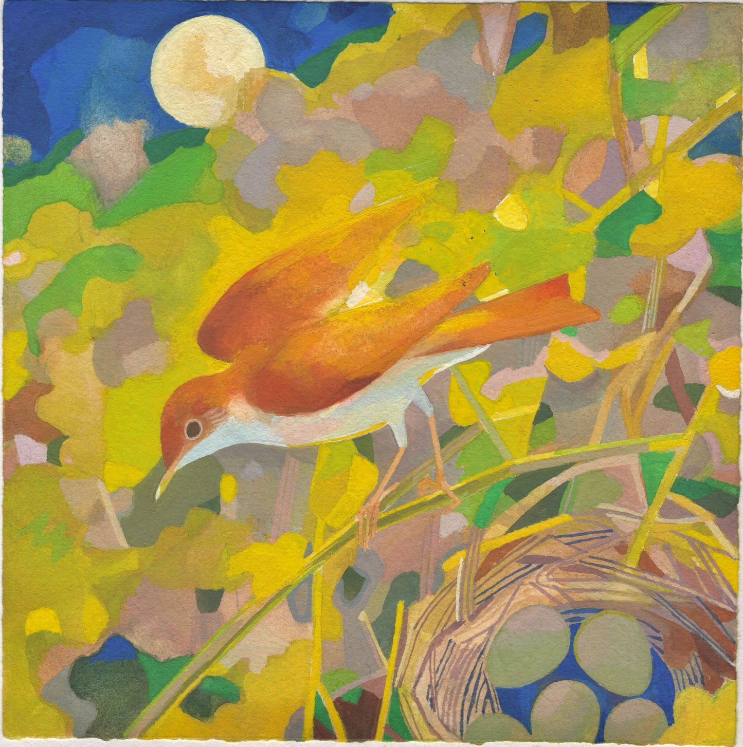 A painting of a brown bird standing over a nest with eggs in. In the background there is a moon and lots of yellow leaves and foliage.