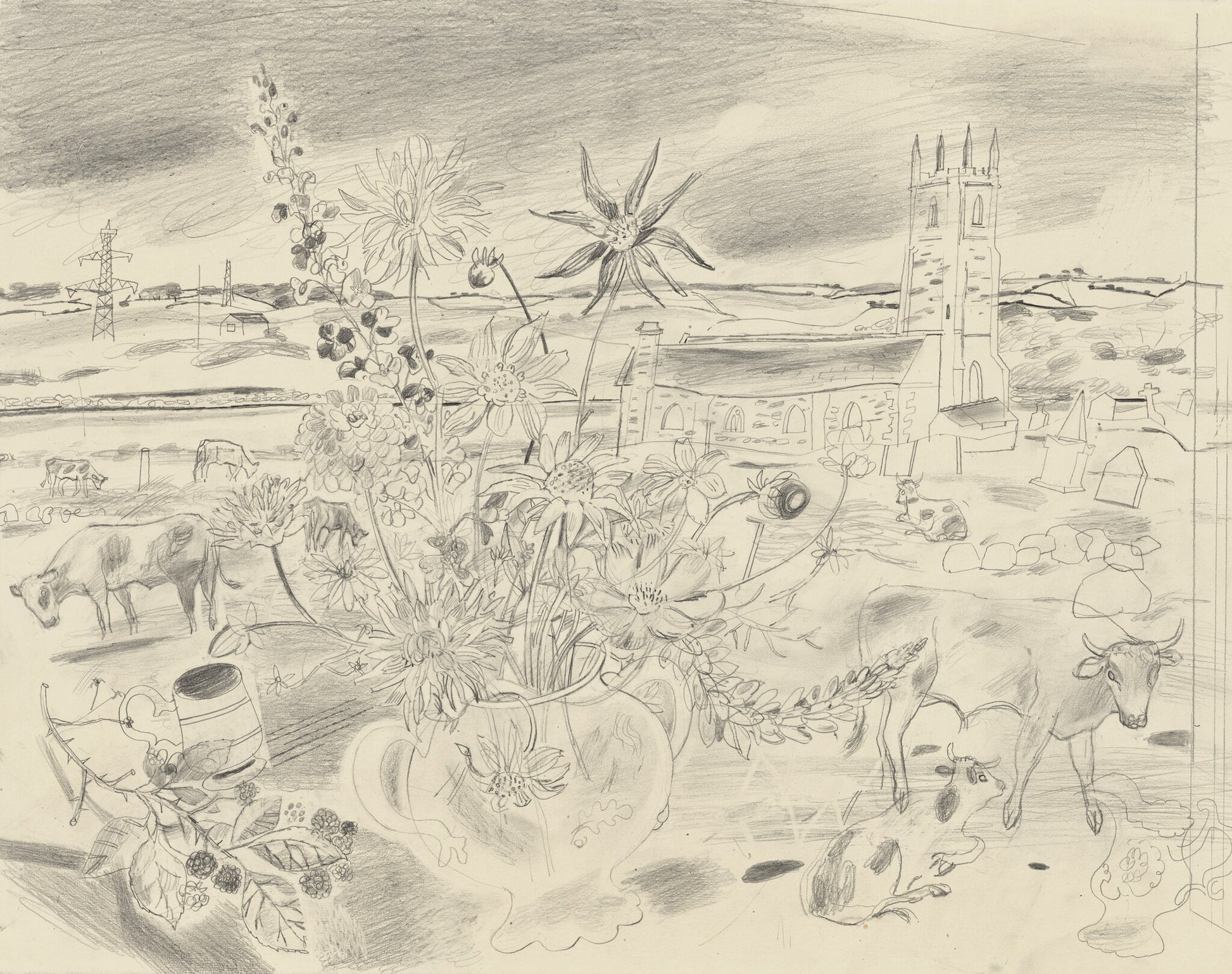 A pencil drawing depicting a rural scene with a vase of flowers in the foreground. In the background, a church tower rises above rolling fields, with cows grazing and power lines stretching across the landscape under a cloudy sky.