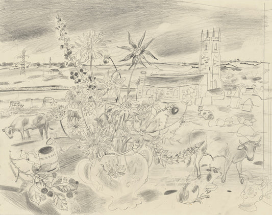 A pencil drawing depicting a rural scene with a vase of flowers in the foreground. In the background, a church tower rises above rolling fields, with cows grazing and power lines stretching across the landscape under a cloudy sky.