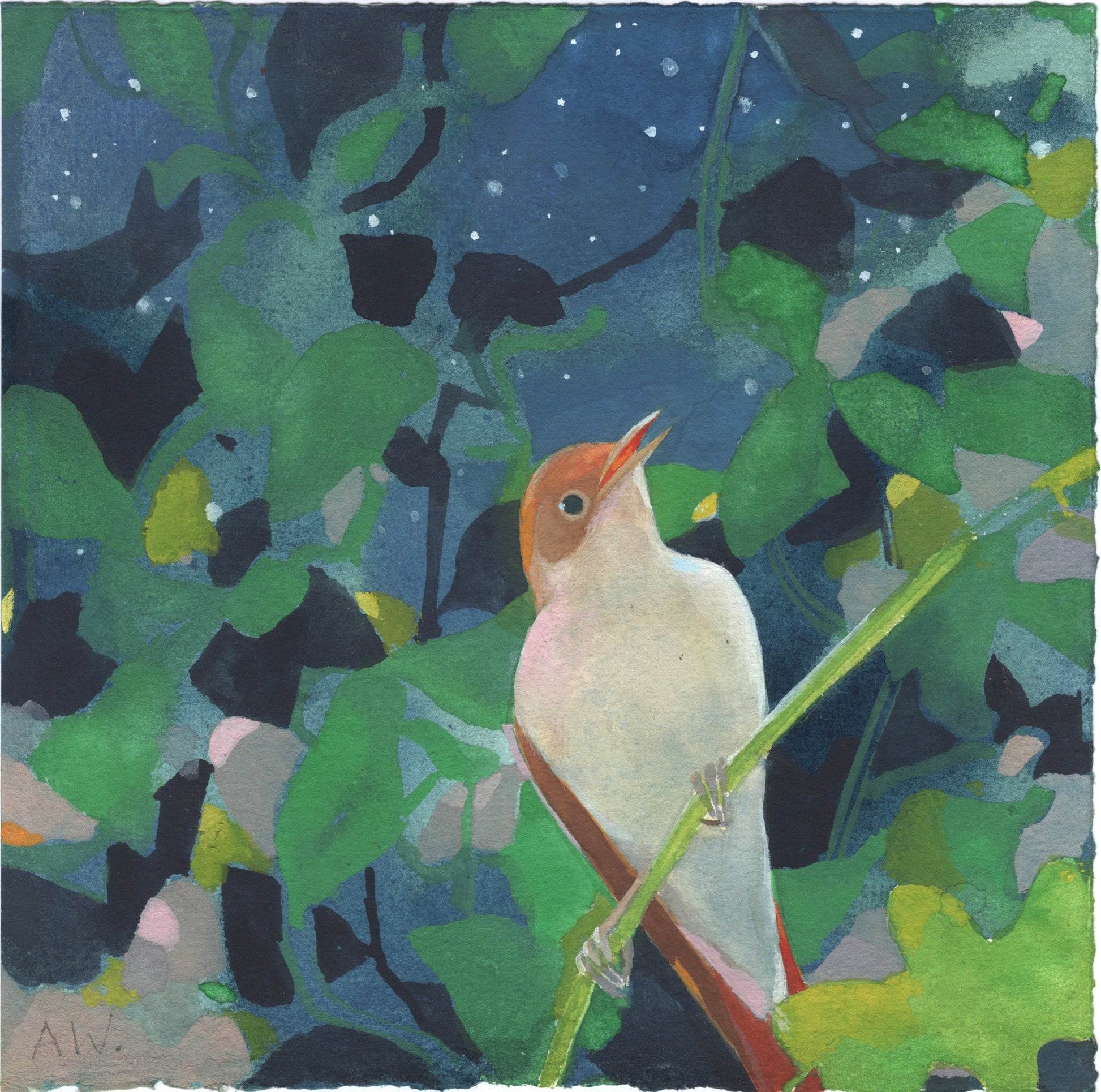 A painting of a bird sitting on a thin branch surrounded by night sky and green leaves. The bird has it's beak open and a wide eye.
