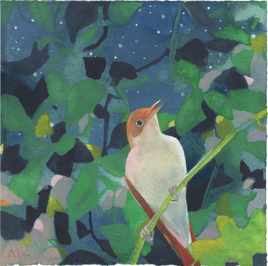 A painting of a bird sitting on a thin branch surrounded by night sky and green leaves. The bird has it's beak open and a wide eye.