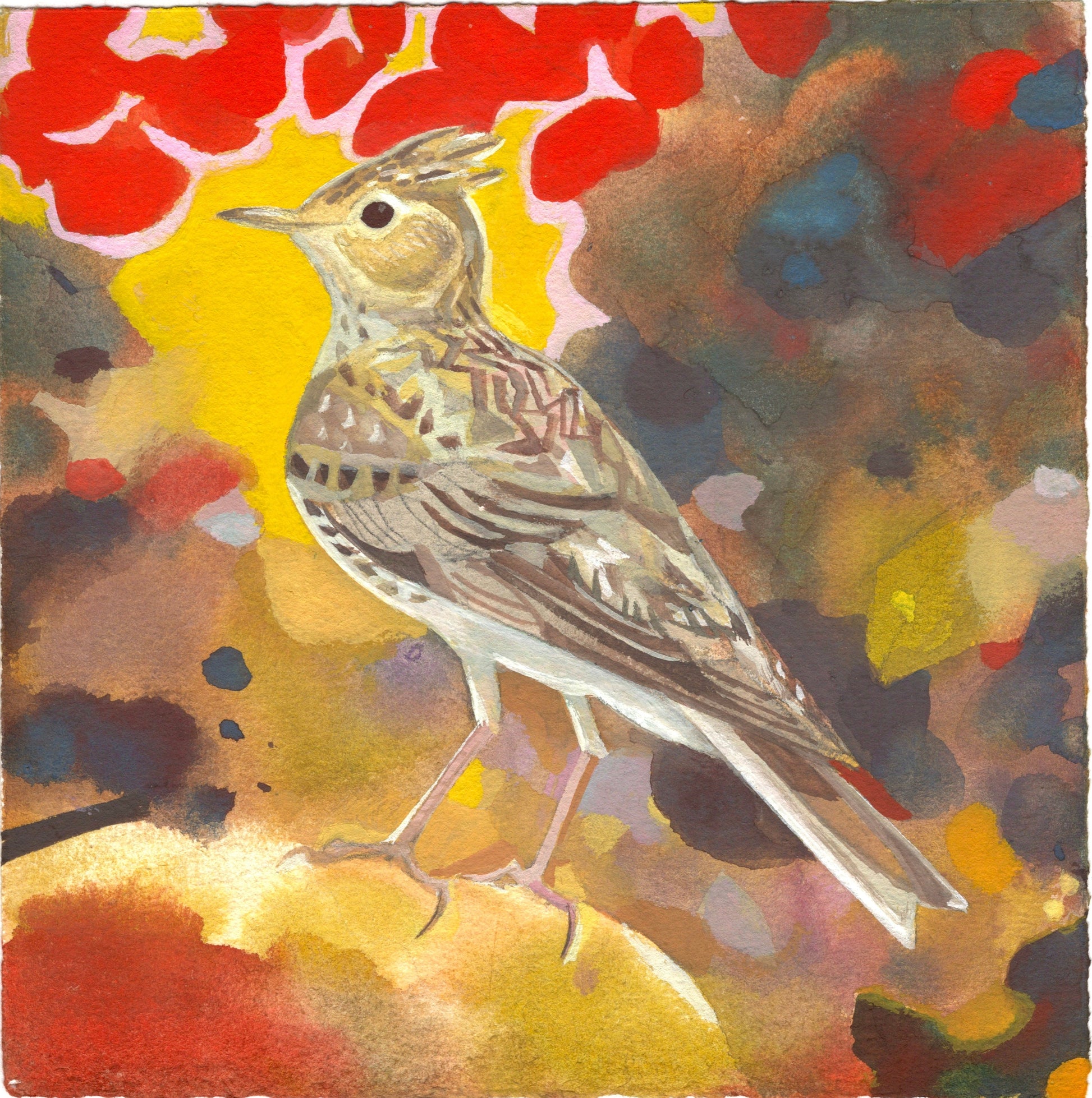 Painting of a garden bird on a colourful floral background. The main colours are brown, red and yellow.