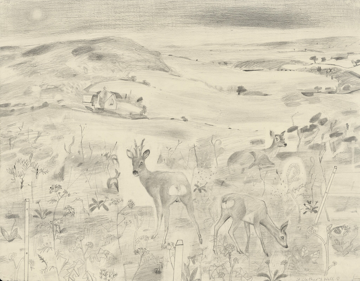A pencil drawing depicting a serene landscape with rolling hills. Two deer graze in the foreground, surrounded by wildflowers. In the background, a small house is nestled among the hills under a softly lit sky.