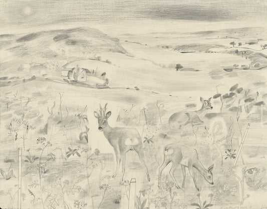 A pencil drawing depicting a serene landscape with rolling hills. Two deer graze in the foreground, surrounded by wildflowers. In the background, a small house is nestled among the hills under a softly lit sky.