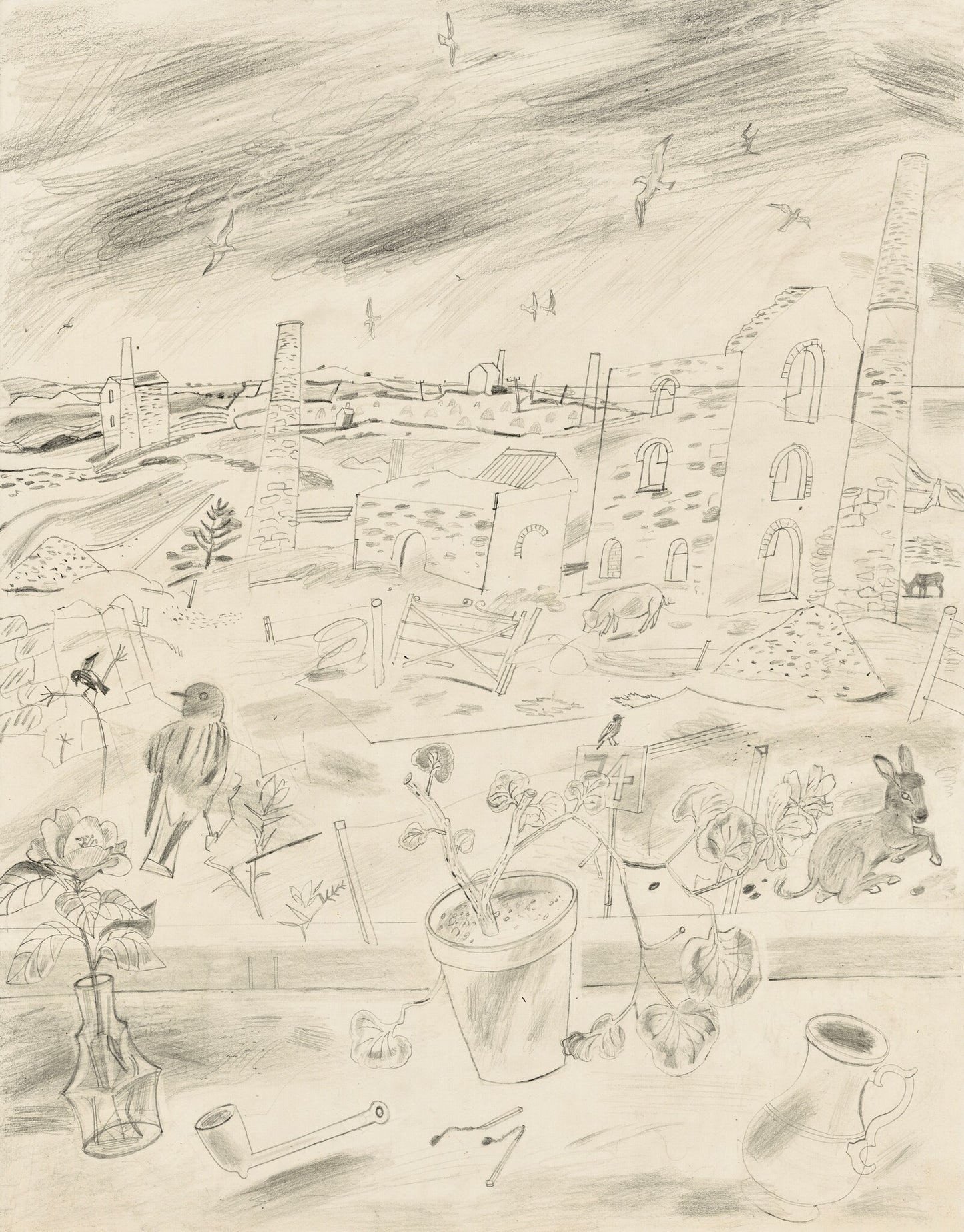 A pencil drawing depicting a desolate landscape with ruins, chimneys, and a cloudy sky. In the foreground, a pot with a plant, a pipe, and a vase are visible. Animals, including a rabbit and a bird, are scattered throughout the scene.